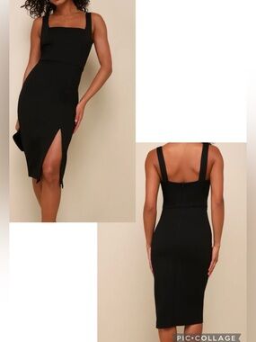 Lulu's size S Black Square-Neck Midi Dress with Side Slit.